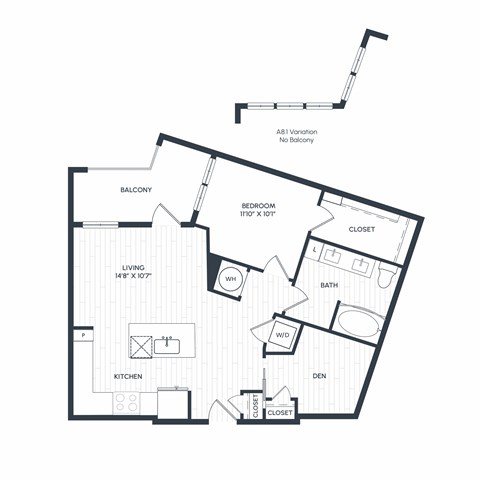 Floor plan for 1 bed, 1 bath, 827 sqft